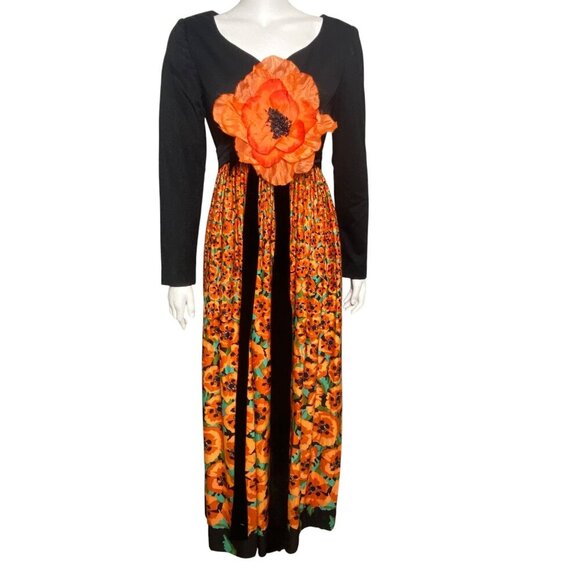 Romantica By Victor Costa Maxi Dress Orange Poppy Black Velvet Tie Size 12 - Picture 1 of 7
